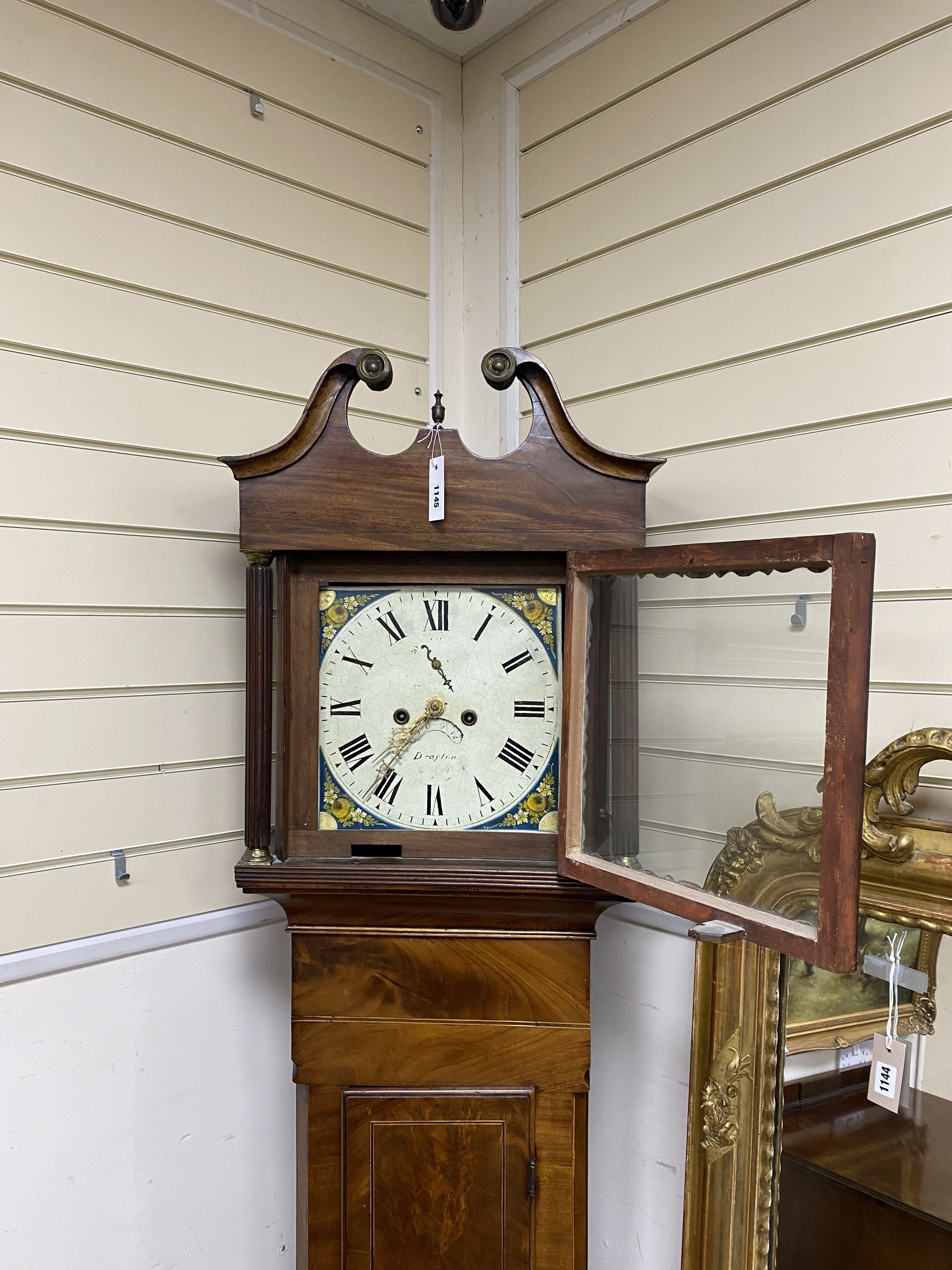 An early 19th century mahogany eight day longcase clock (reduced in height) marked Drayton, height 203cm